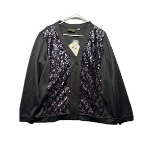 Bob Mackie Wearable Art Sequin Bomber Full Zip Up Jacket Black Women Size L NWT